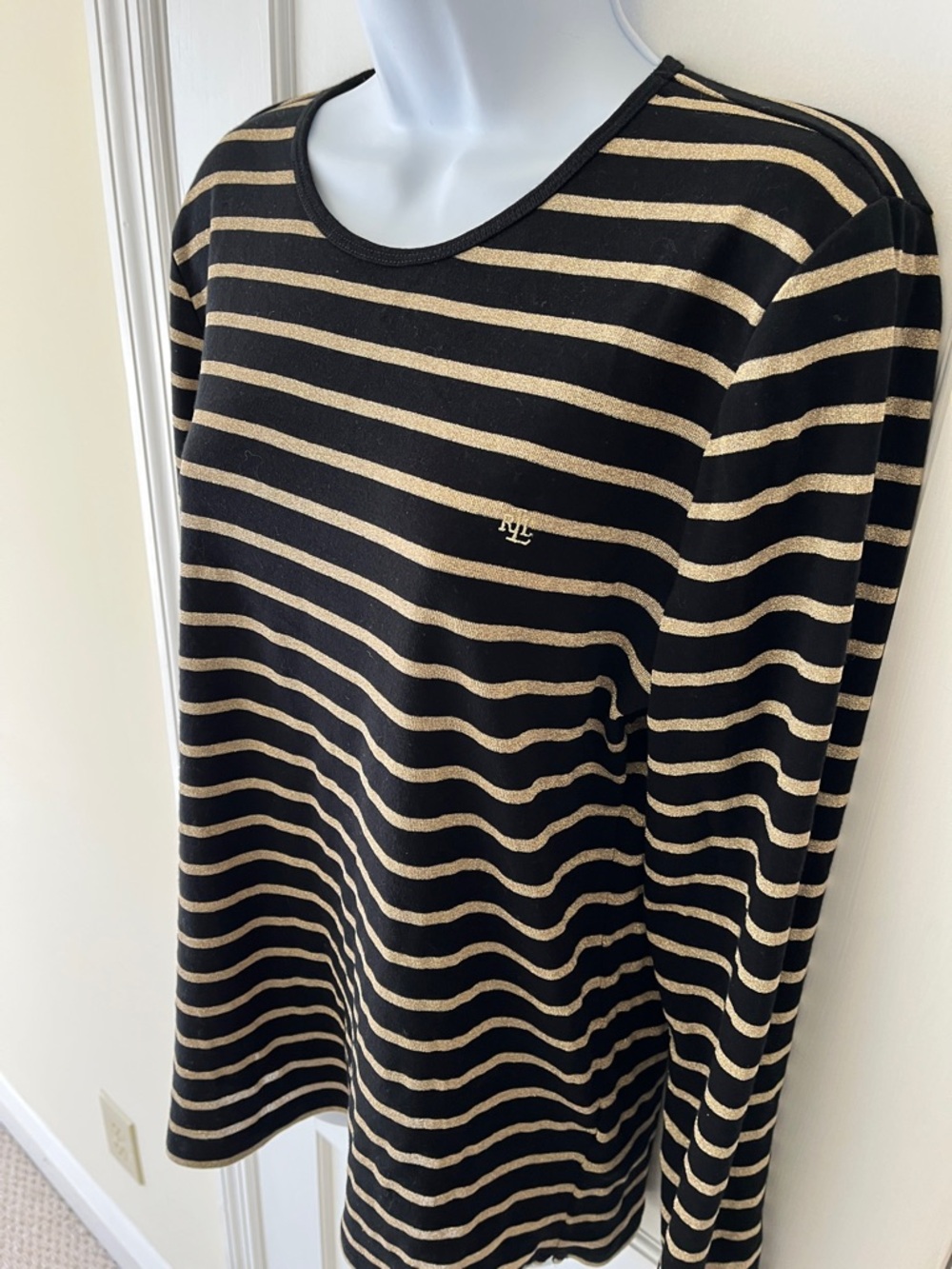 Ralph Lauren Shirt Metallic Gold Black Stripes Long Sleeve Womens XL Preppy Logo